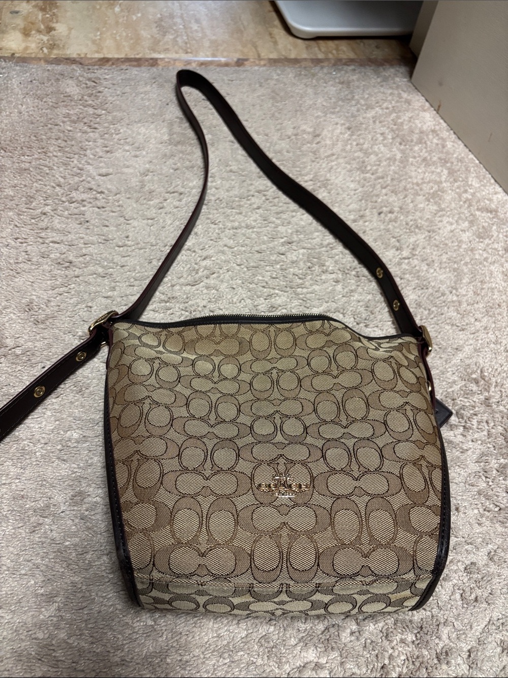 Coach Khaki and Brown Signature Crossbody with Adjustable Strap